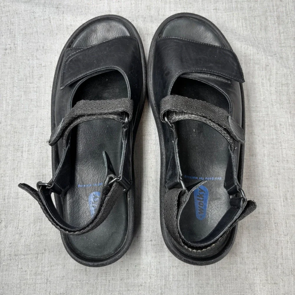 Wolky Jewel Black Leather Platform Sandals Adjustable Strap Women's Size EU 41